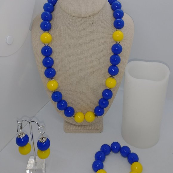 Necklace | Bracelet | Earring - Blue and Yellow Chunky Statement Set - Picture 9 of 10